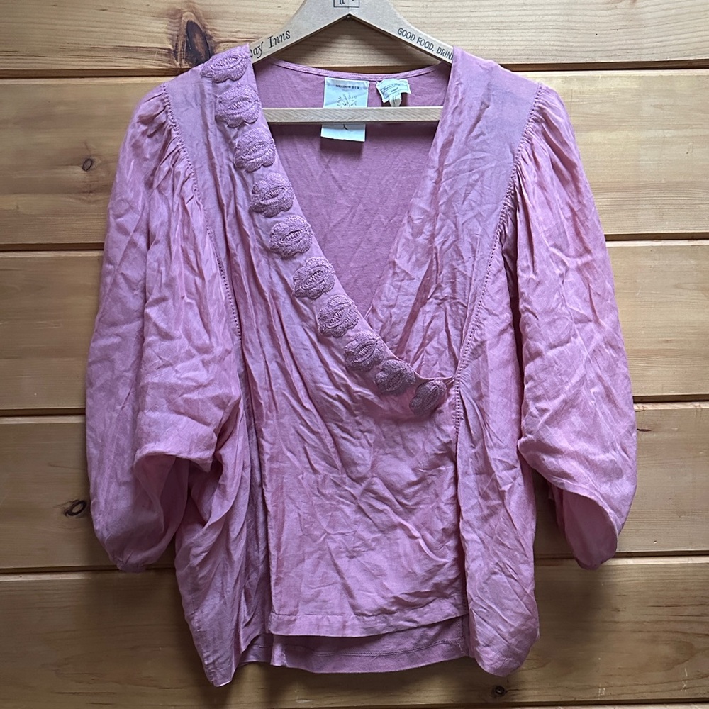 Anthropologie Meadow Rue Pink Cotton Silk blouse embroidered Small